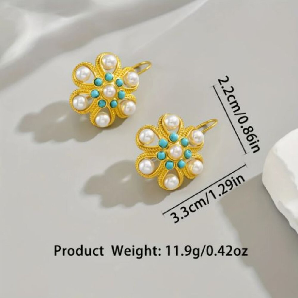NEW Petra 18K Gold Plated Imperial Pearl and Turquoise Ornate Drop Earrings - Picture 4 of 4